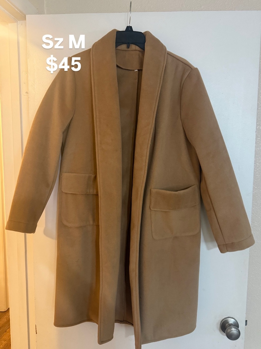 Camel Longline Open Front Coat | Shawl Collar | Size Medium